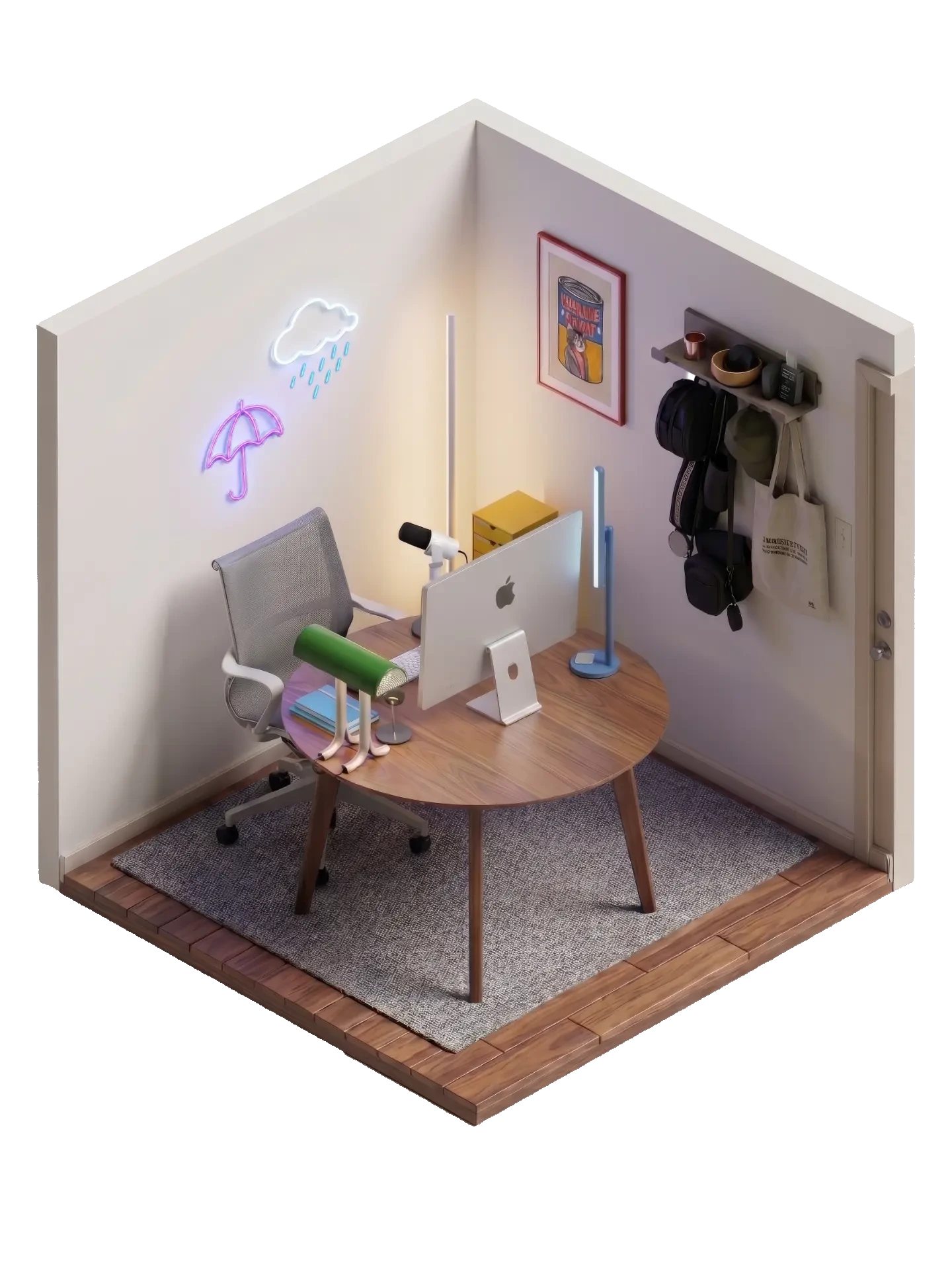 Isometric illustration of the Founder Grumblings podcast studio: a round walnut desk with an Apple display, a podcast microphone, a green banker lamp and neon cloud and umbrella signs on the wall